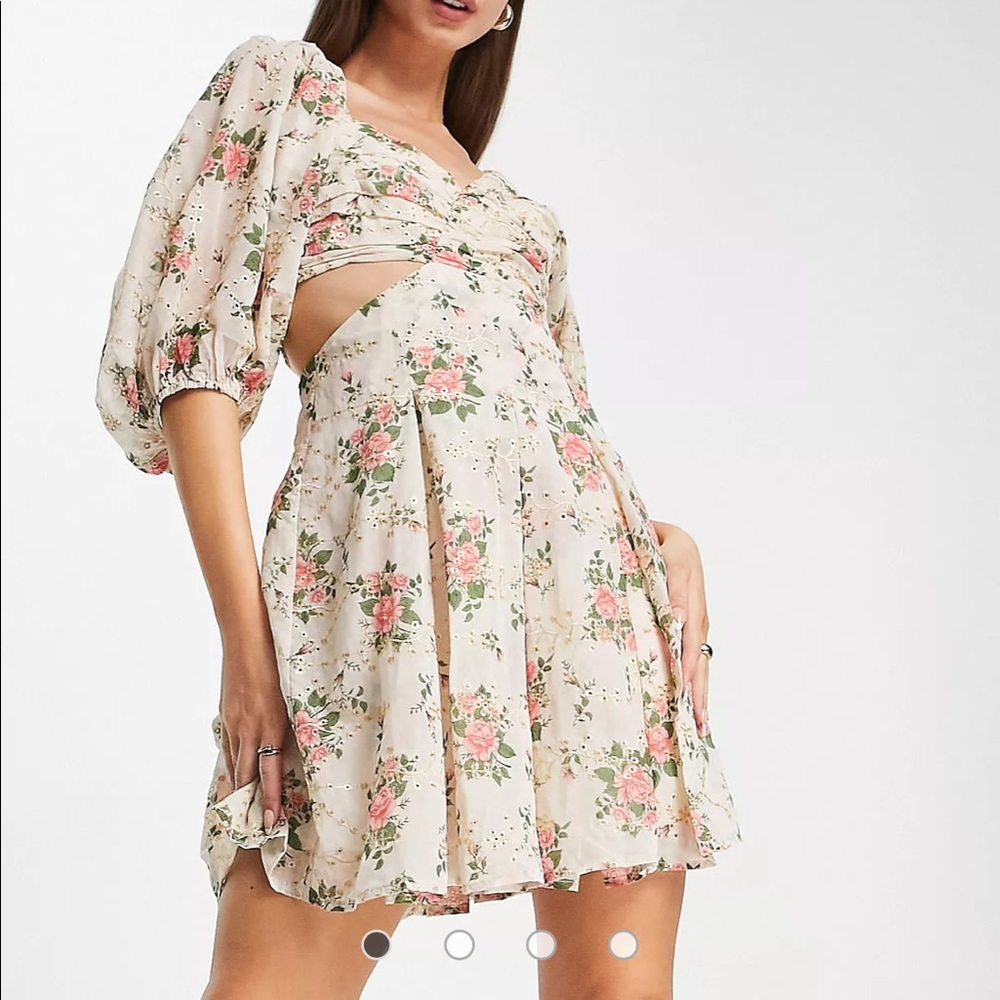 ASOS DESIGN premium cut out side mini dress in rose floral print broderie